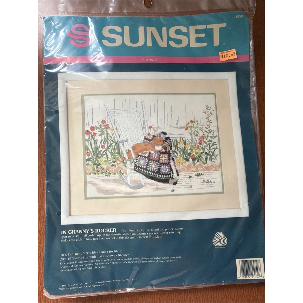VTG Sunset Crewel Embroider Kit 11059 Cat Kitty In Granny's Rocker Afghan Quilt